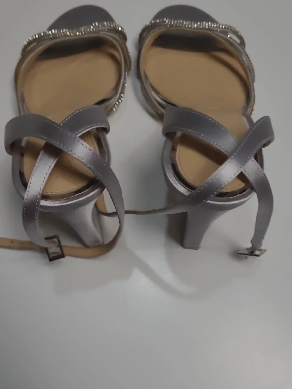 Jewel Badgley Mischka Silver Rhinestone Strap High Heel Sandals - Size 10